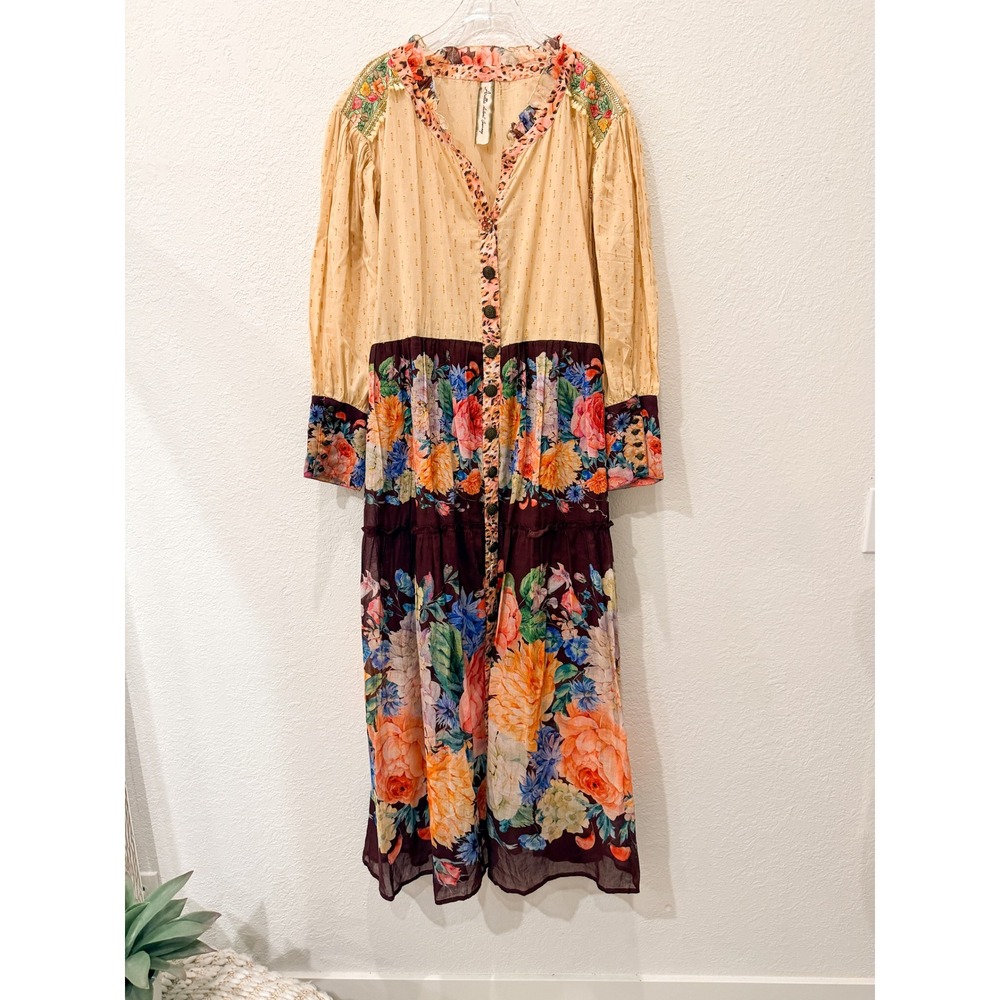 Aratta Floral Dreams Maxi Dress L Floral Leopard Boho Artisan Coastal Cowgirl